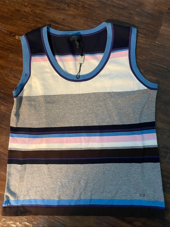 Escada Tops - Escada Multicolor Striped Knit Tank — Navy, Gray, White, Brown, Pink, Blue